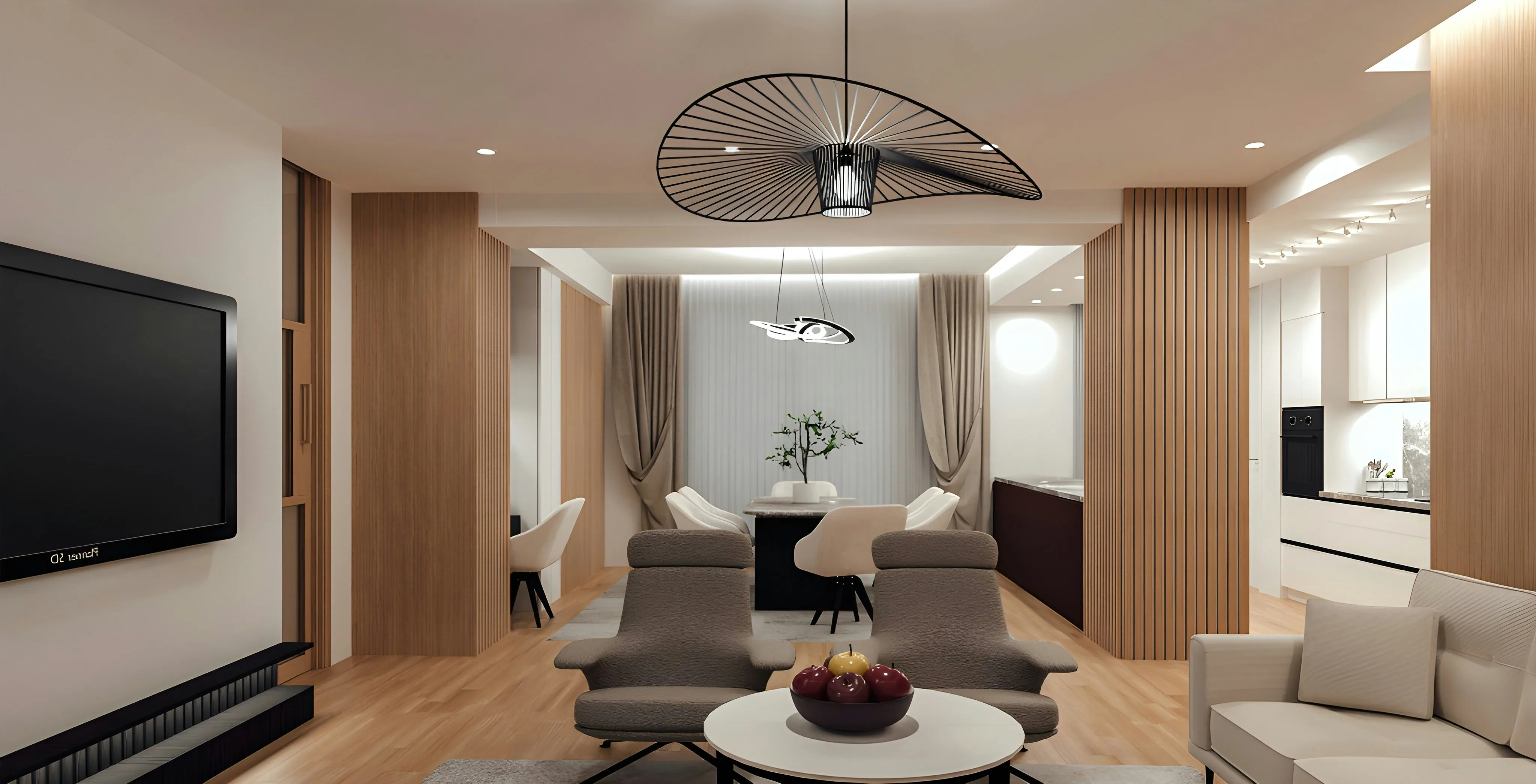 Modern open living room and dining area with neutral tones, wooden accents, and stylish pendant lights.