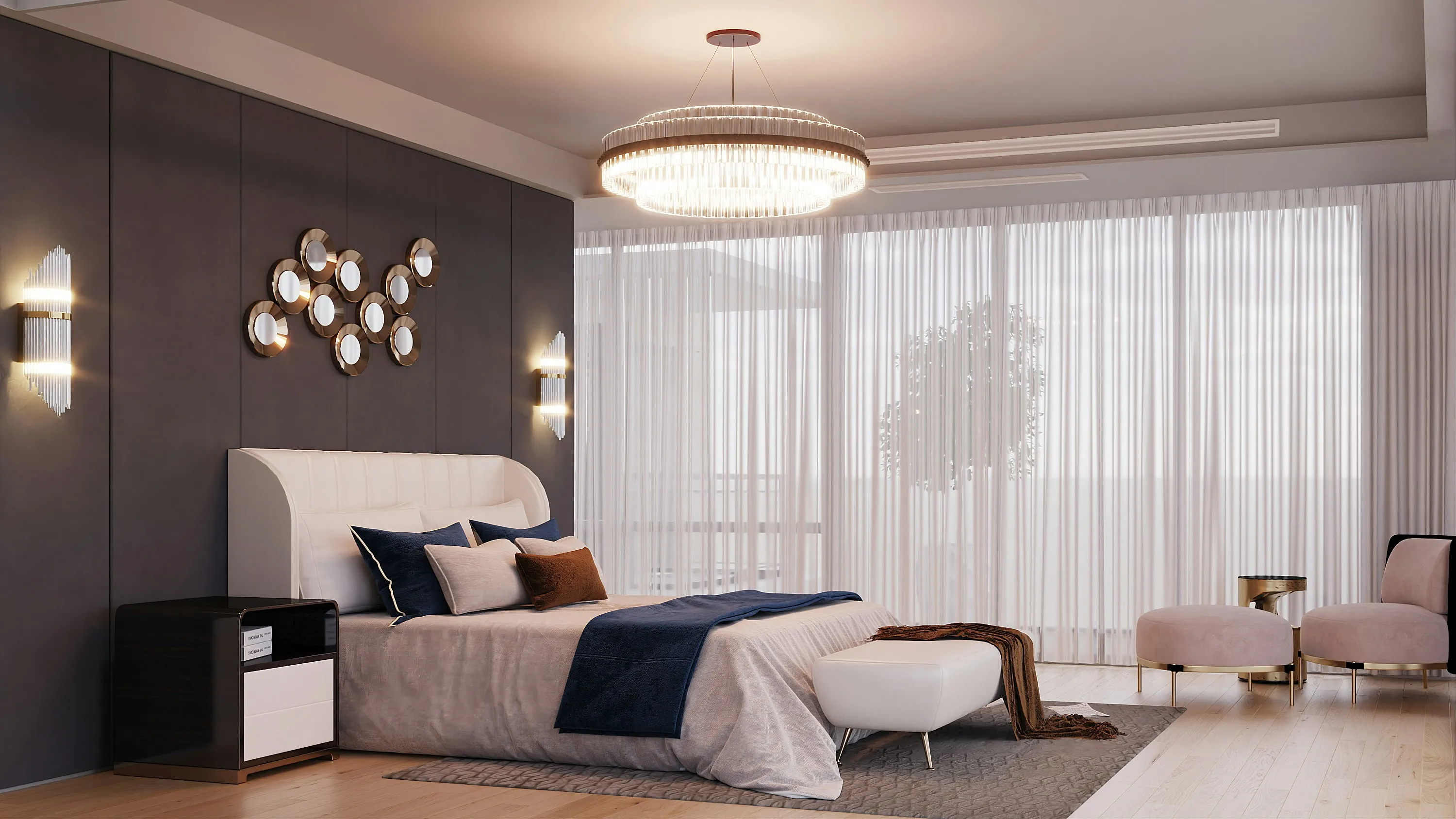 Modern bedroom with a white upholstered bed, dark accent wall with decorative mirrors, hanging chandelier, and sheer curtains covering floor-to-ceiling windows.