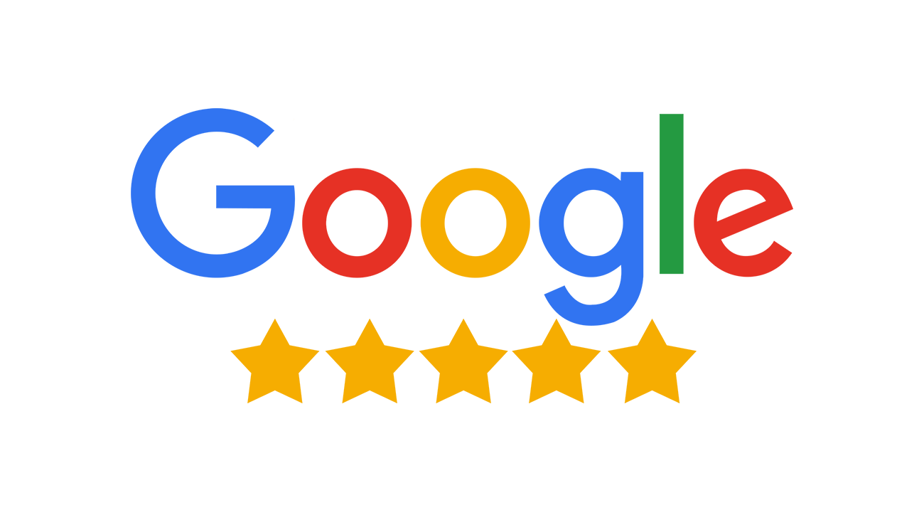 Google logo above five gold stars representing a five-star rating.