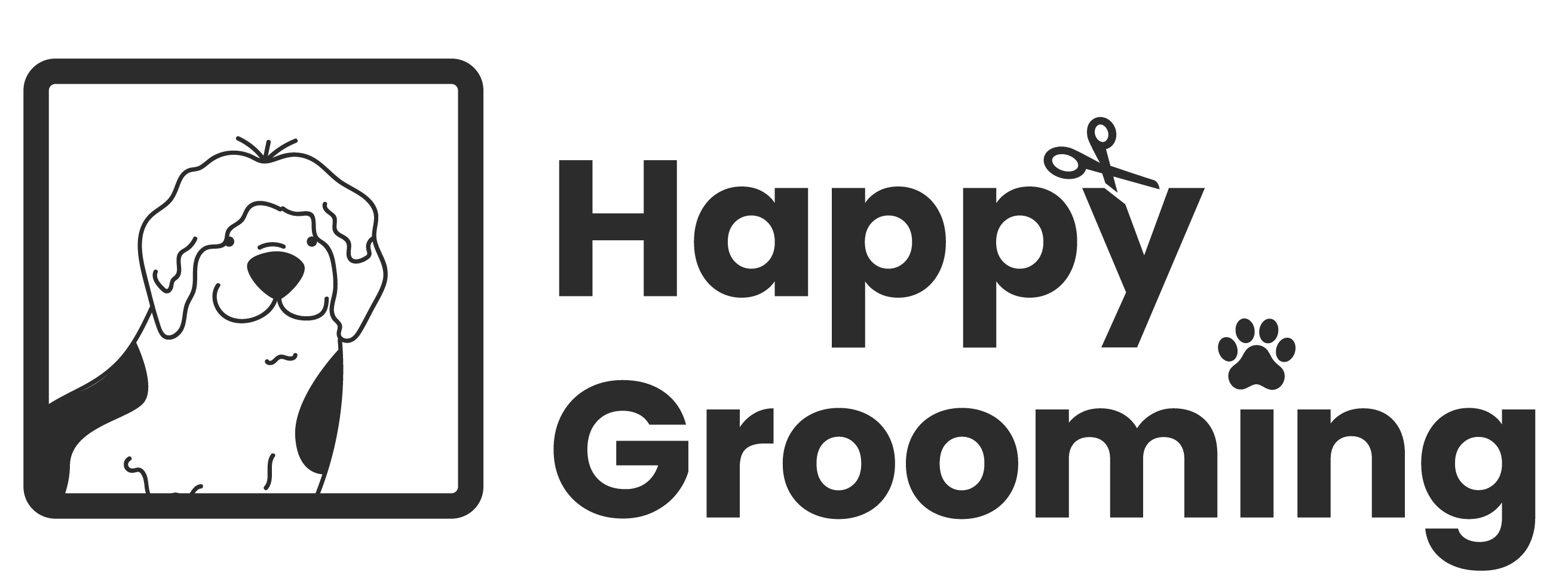Logo with a stylized dog face inside a rounded square and the text 'Happy Grooming' with a pair of scissors and a paw print integrated into the text.