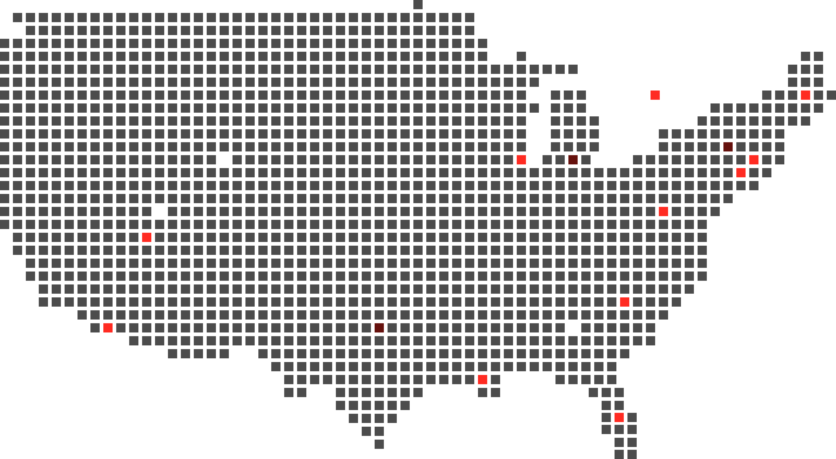 Pixelated map of the USA with scattered red and white highlighted squares across states.