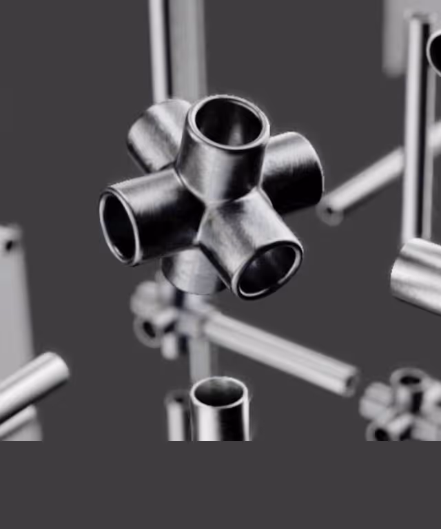 Close-up of a metallic multi-port connector with cylindrical tubes on a dark background.