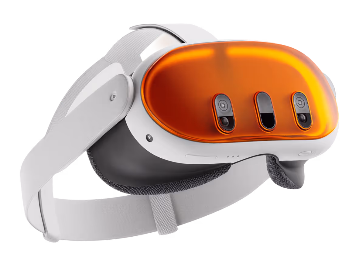 White virtual reality headset with an orange visor and three front-facing sensors or cameras.