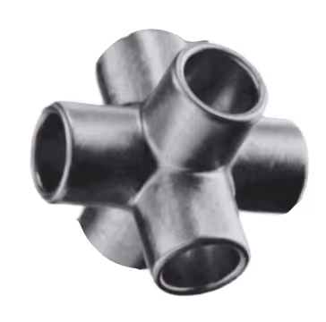 Six-way metal pipe connector with cylindrical openings facing outward.