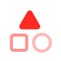 Three red shapes: triangle above a square and circle side by side on a white background.