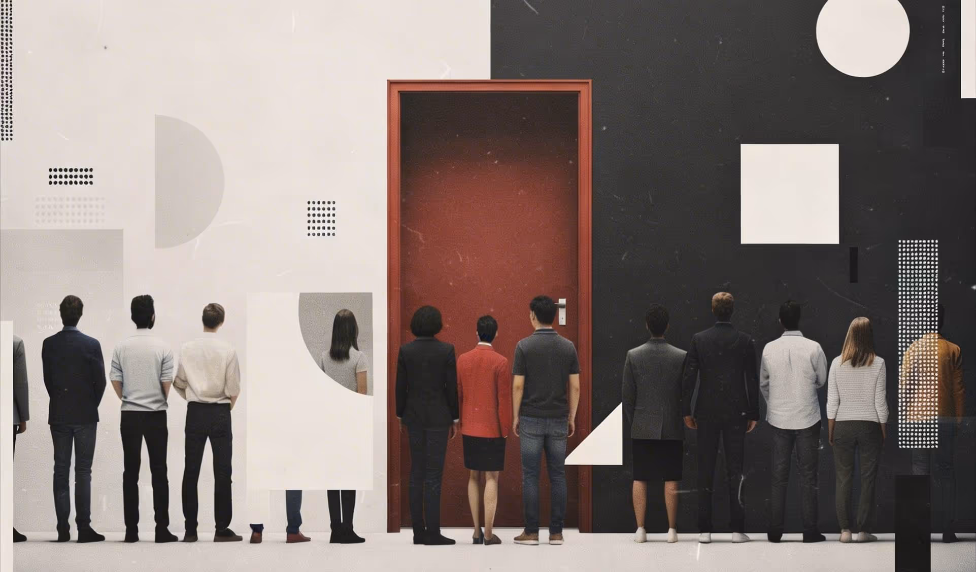 People standing in line facing a closed red door on a wall split black and white with geometric shapes.