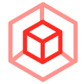 Red 3D cube inside a hexagonal wireframe with a pink outline.