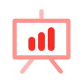 Presentation board with red bar chart showing three ascending bars.