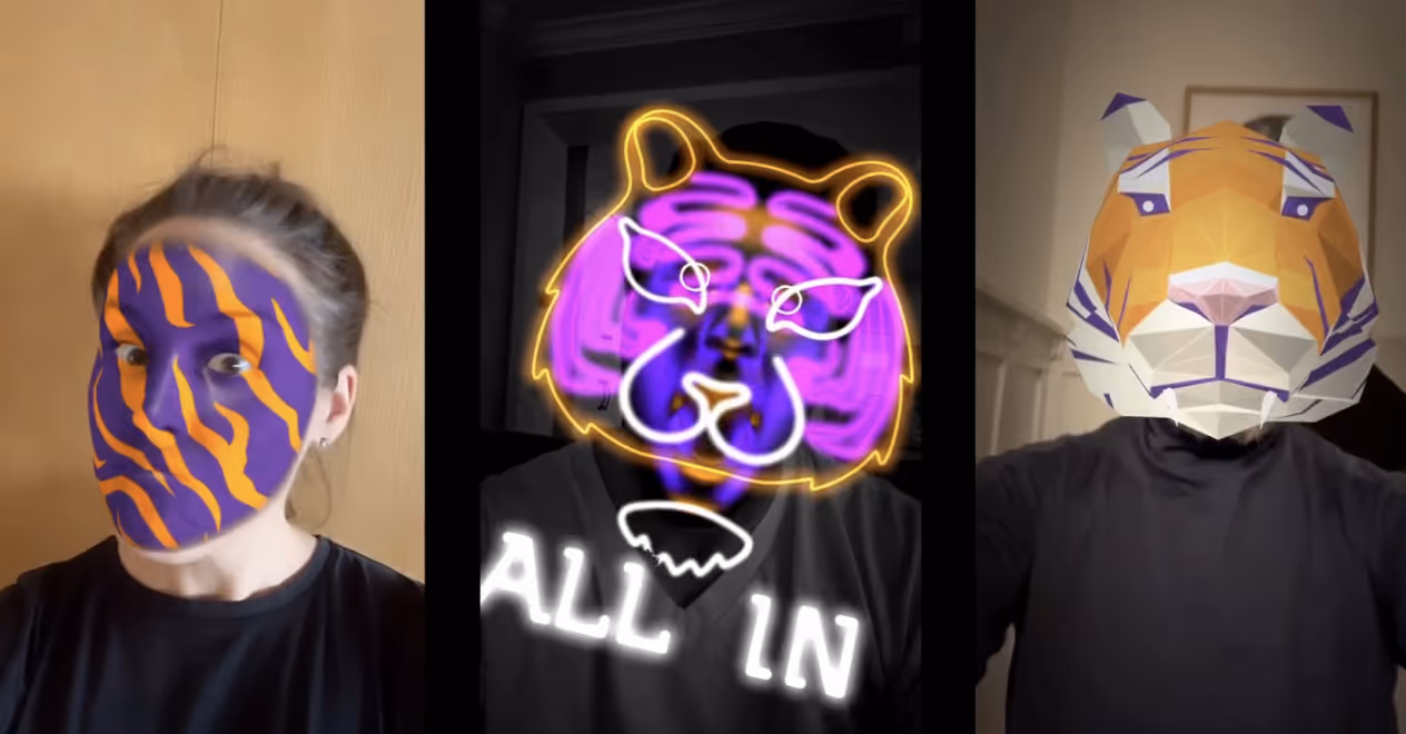 Three people with digital tiger face filters: painted stripes, neon outline with 'ALL IN', and polygonal mask.