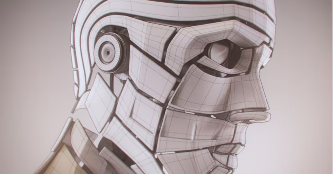 Close-up of a 3D model showing a futuristic robotic face with detailed panel lines and mechanical eye.