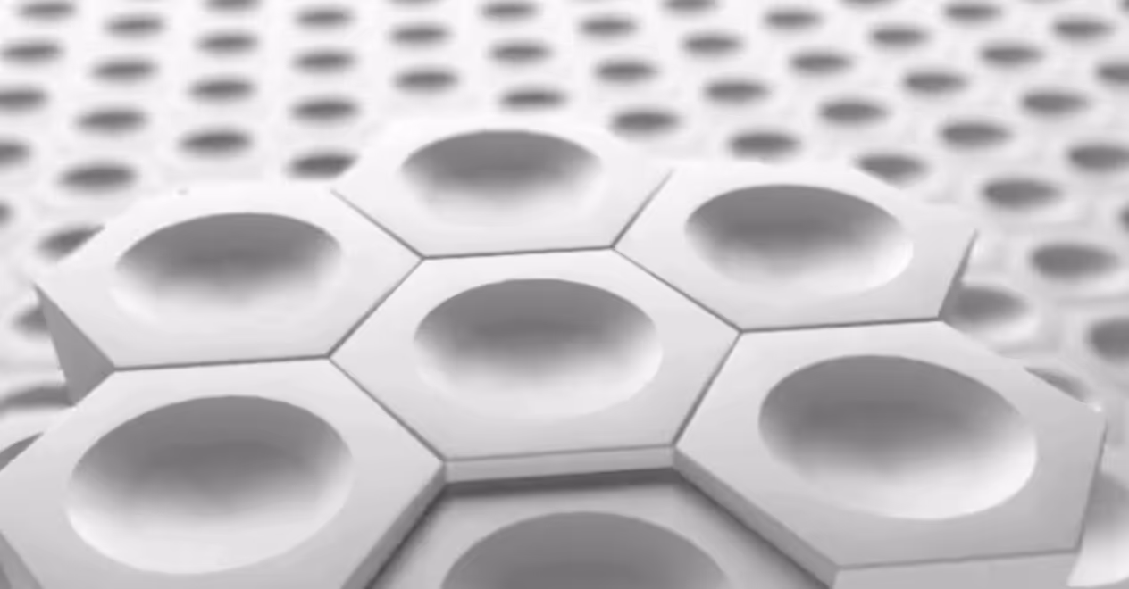 Close-up of hexagonal white tiles with concave centers arranged in a honeycomb pattern.
