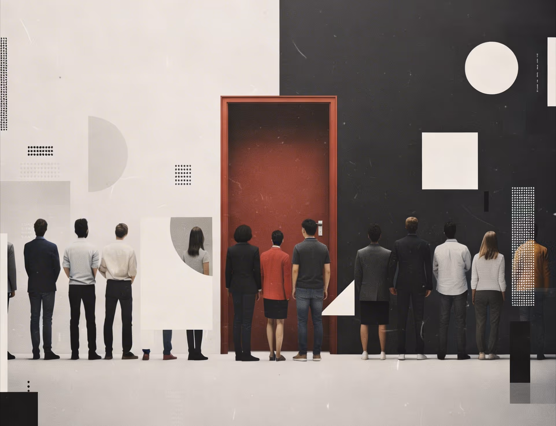 People standing in line facing a red door centered on a black and white wall with geometric shapes.