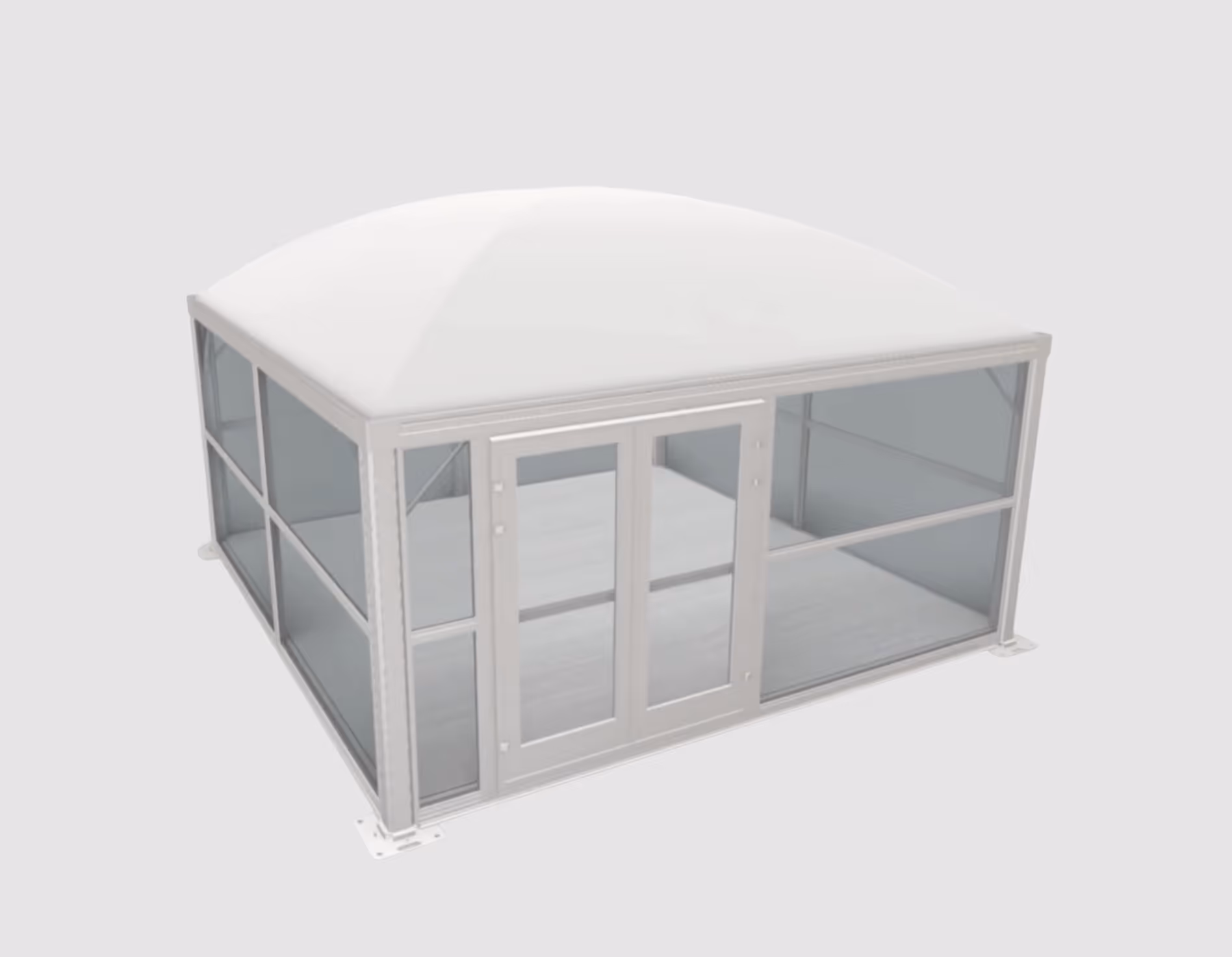 White metal-framed glass enclosure with double doors and a slightly domed roof.