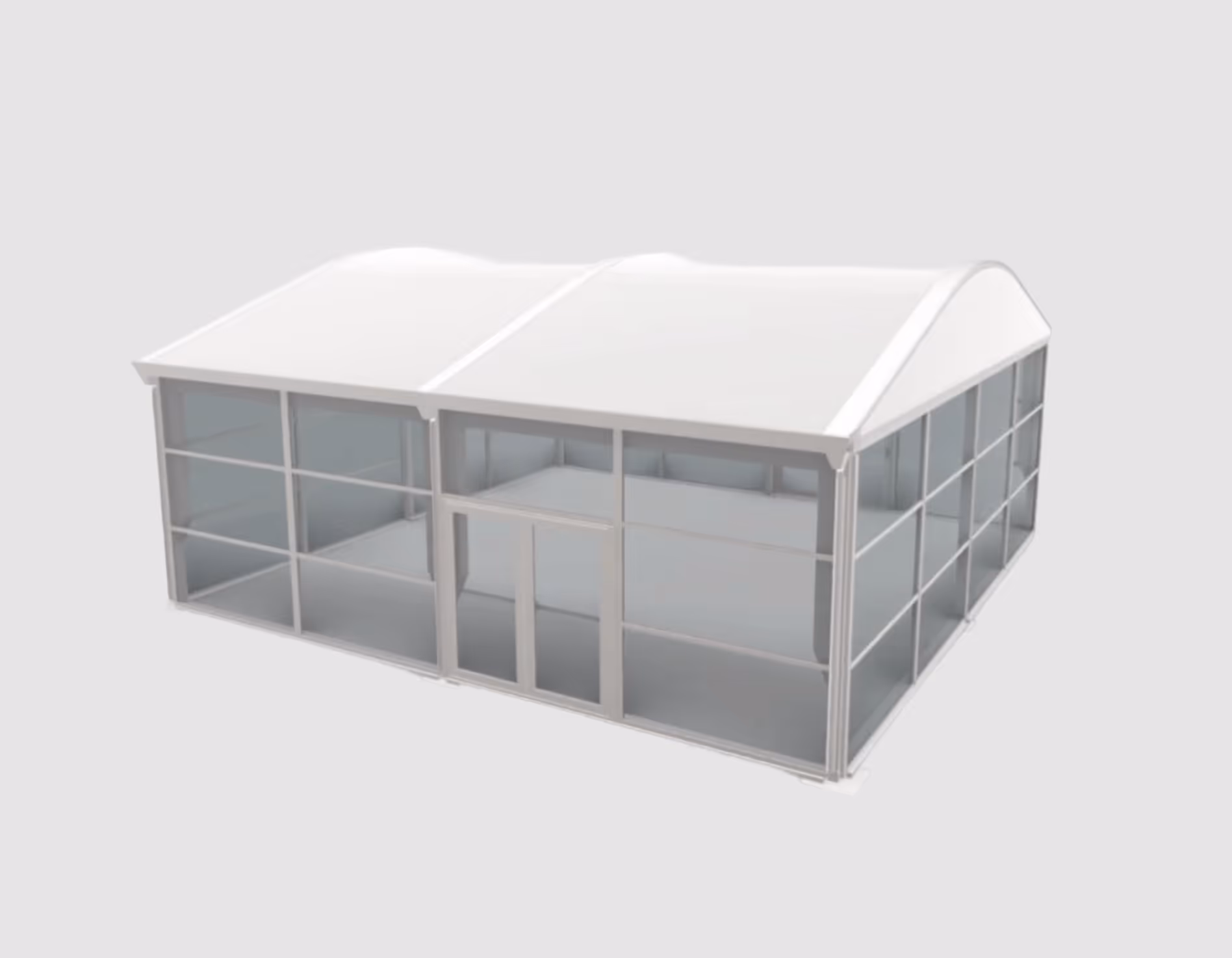 White modular event tent with clear side panels and double door entrance on a gray background.