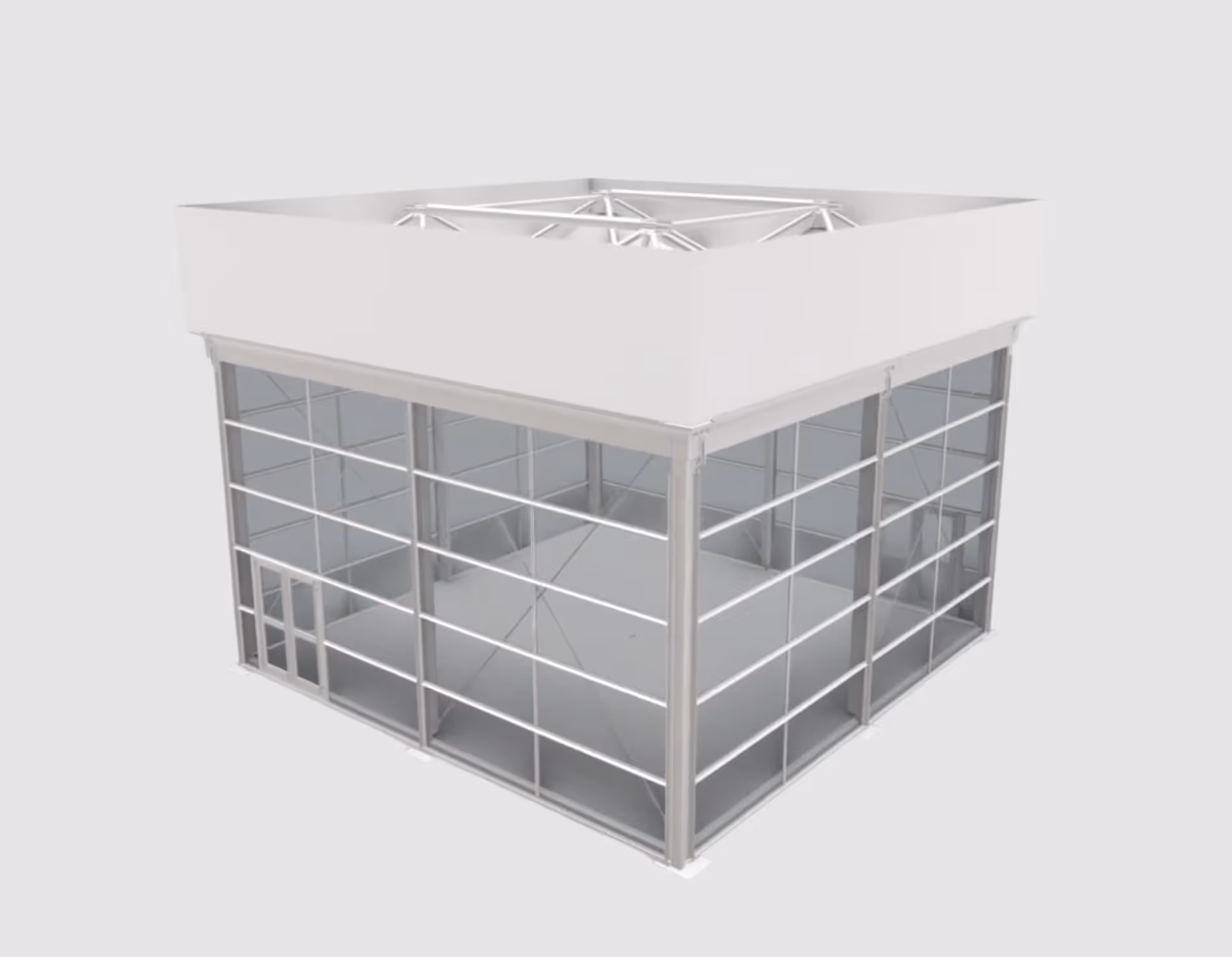 3D model of a modern glass building with metal frame and a white overhang roof.