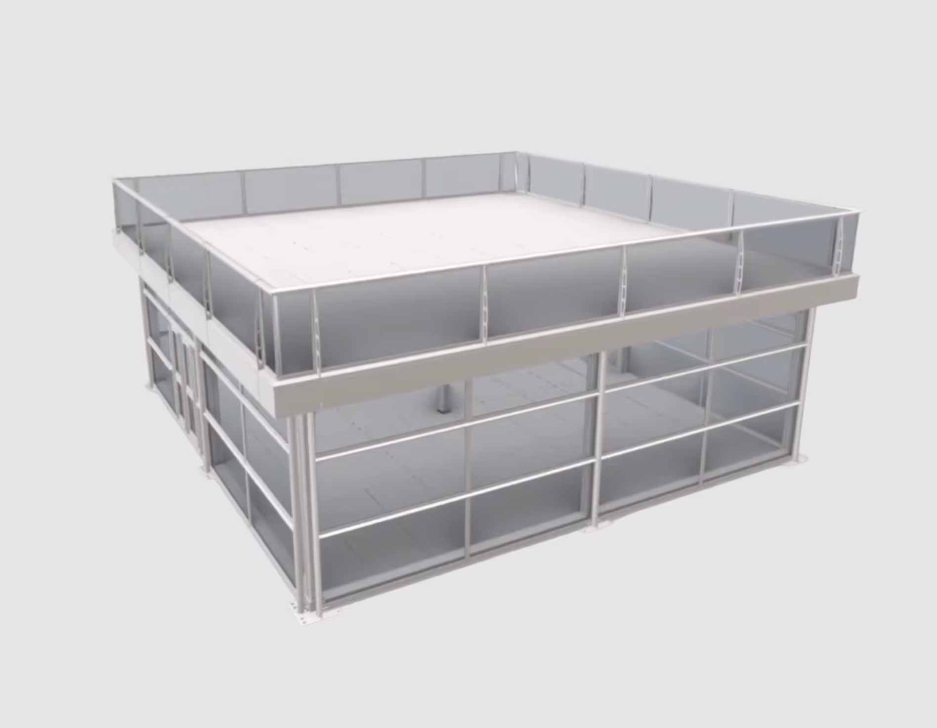 Modern square glass enclosure with metal frame and railing on top, empty inside.