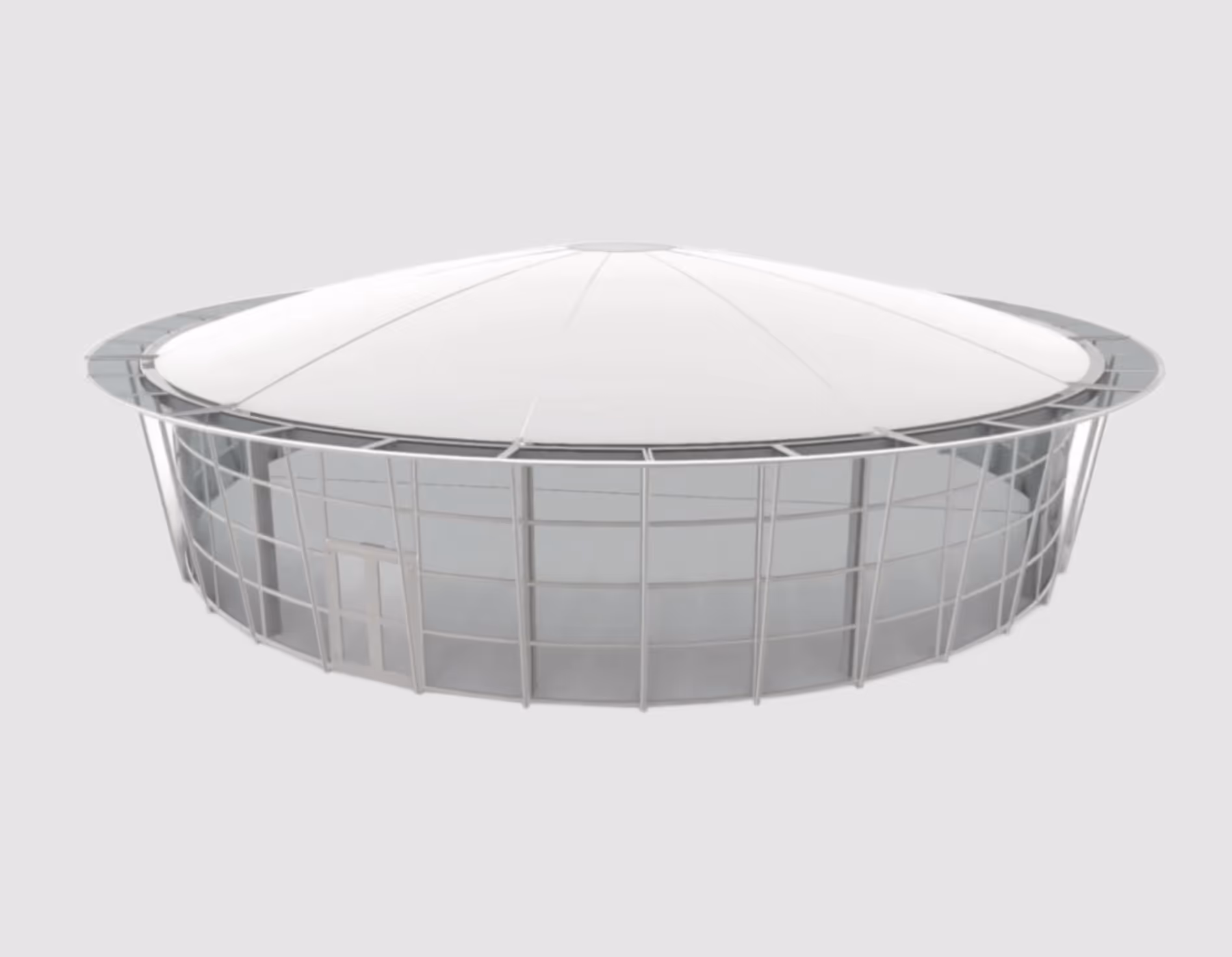 Round modern building with a white domed roof and glass walls with metal supports.
