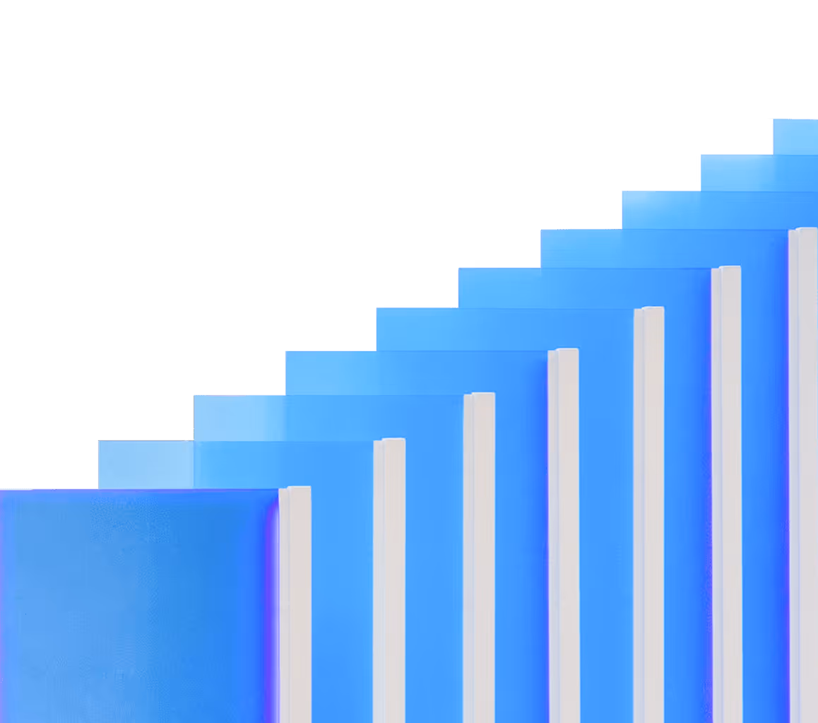 Blue rectangles arranged in a stepped pattern with white bars separating them.
