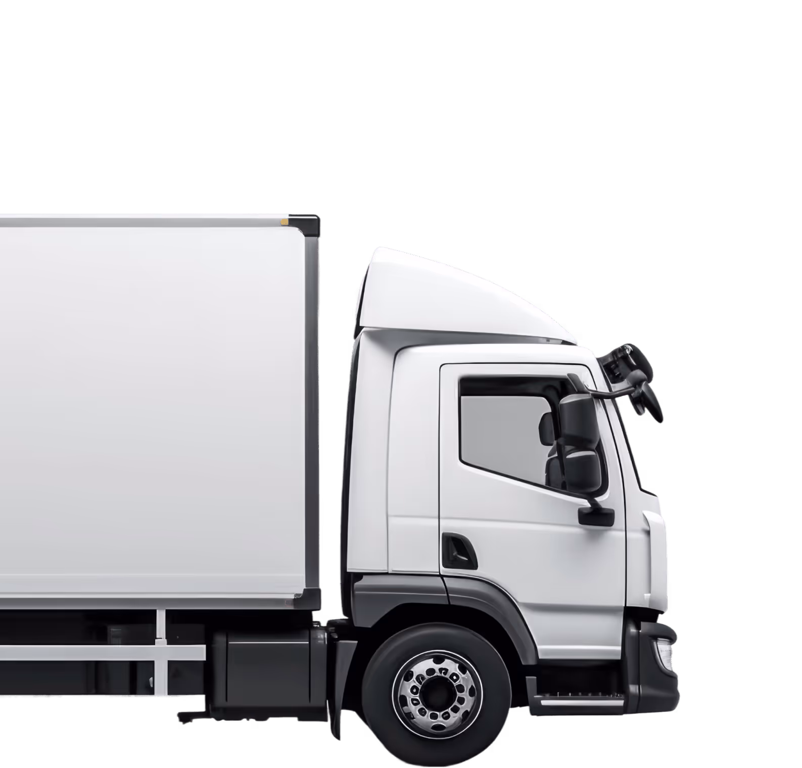 Side view of a white delivery truck with a large cargo container and aerodynamic cab design.