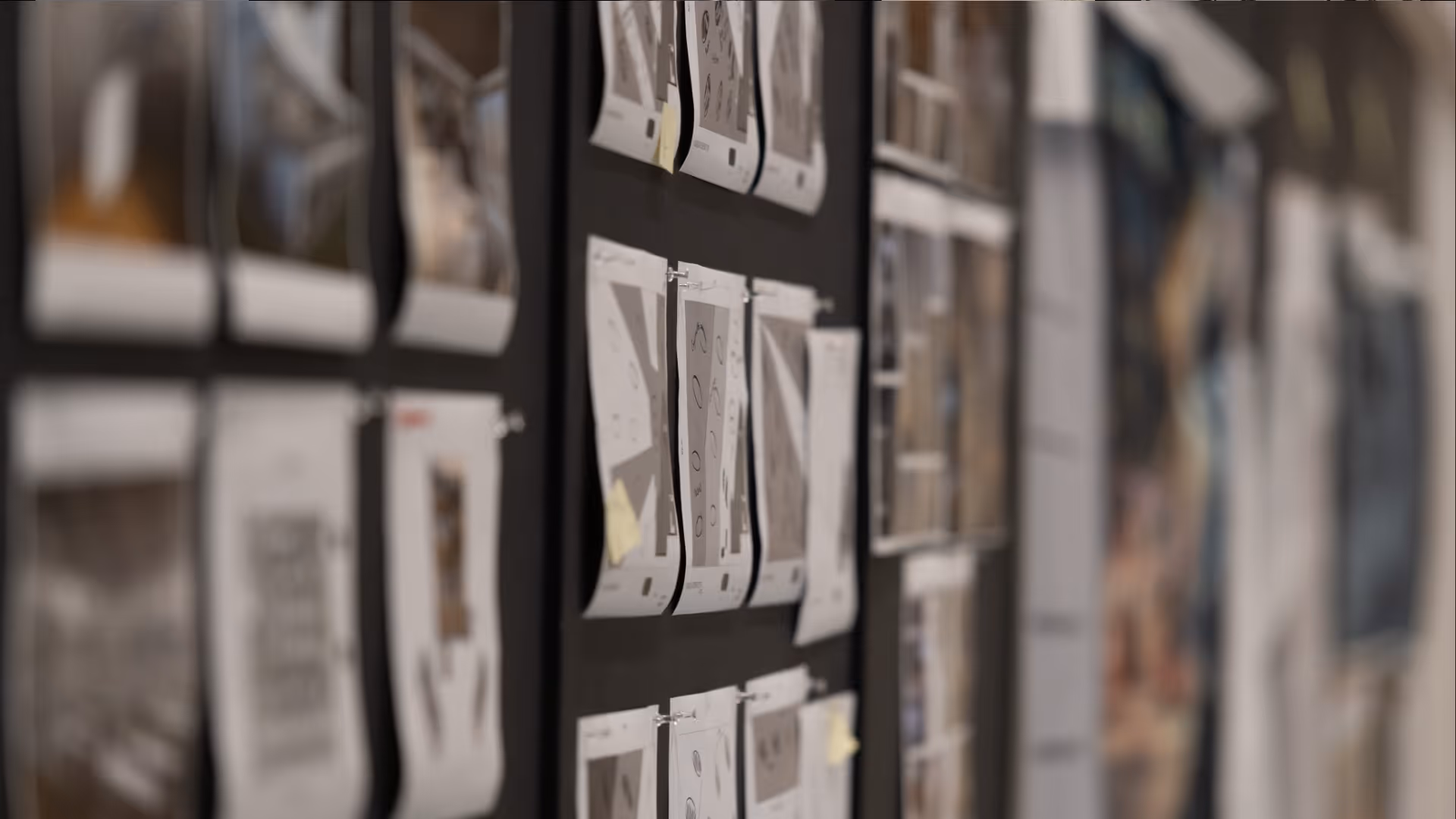 Pinned papers and sketches on black boards in a blurred office or studio setting.