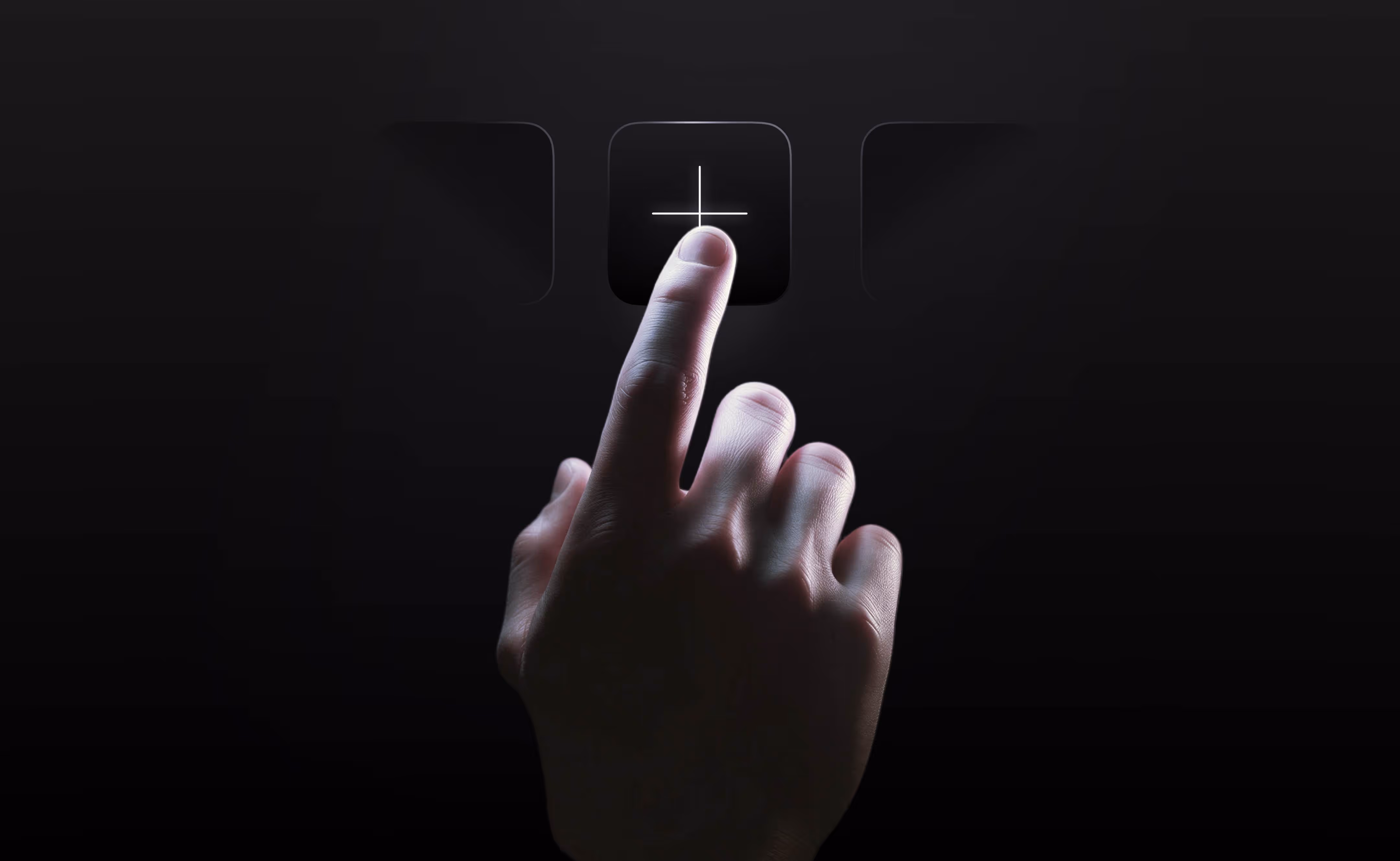 Finger pressing a glowing plus sign button on a touch screen with a dark background.