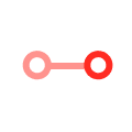 Two connected circles with a line, left circle pink and right circle red on white background.