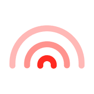 Concentric semi-circles in pink and red resembling a stylized rainbow or signal waves.