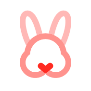Simple pink outline illustration of a rabbit's face with a small red heart-shaped nose.