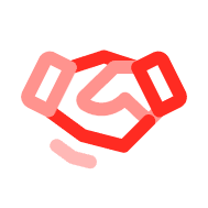 Stylized red and pink handshake icon with two hands clasped.