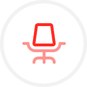 Red office chair icon with armrests inside a white circular background.