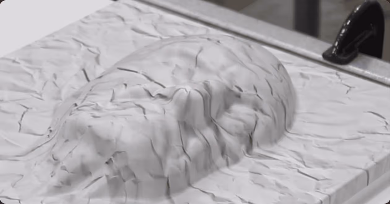 White plastic sheet being molded with heat to form a 3D shape in a work station.