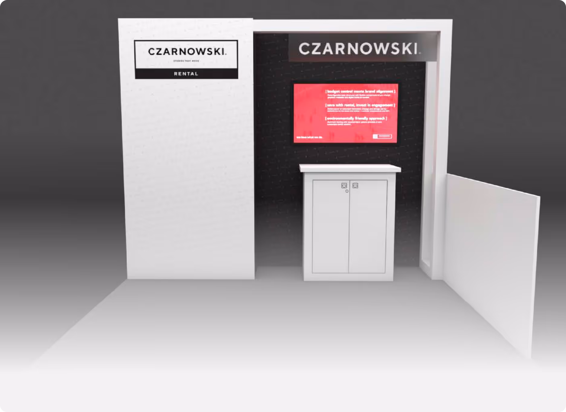 Show booth with CZARNOWSKI branding, white counter, and red informational display on black back wall.