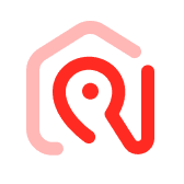 Abstract pink house shape with a red location pin integrated inside.