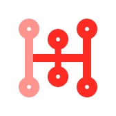 Simplified red and pink icon of a car's manual transmission shift pattern with five gears and reverse.
