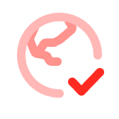 Pink circular arrow icon with a red check mark inside the circle's bottom right area.