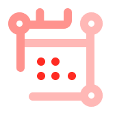 Red stylized calendar icon with dots representing dates and circular markers at corners.