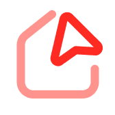 Red computer cursor arrow over a pink curved square outline.