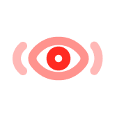 Red eye icon with two curved lines on each side on a transparent background.