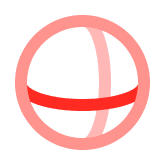 Pink and red stylized 3D sphere icon with horizontal and vertical bands.