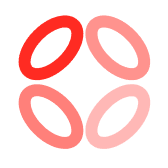 Four stylized circular shapes forming a symmetrical pattern with two shades of red and pink.
