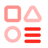 Four pink geometric shapes: square, triangle, circle and three red horizontal lines on white background.