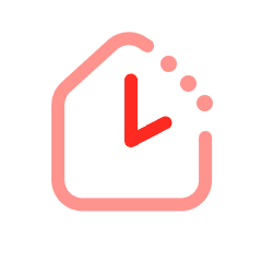 Red clock icon inside a pink rounded outline of a house with small dots on the right side.