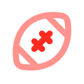 Simple red outline of an American football with stitches in the center.
