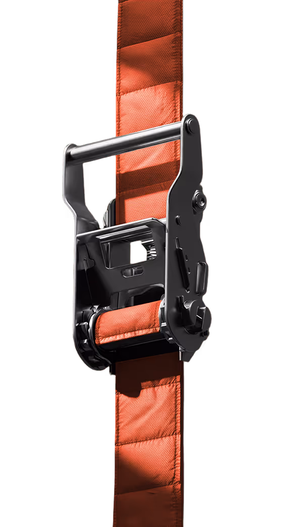 Close-up of a black metal ratchet tighten mechanism on an orange strap belt.