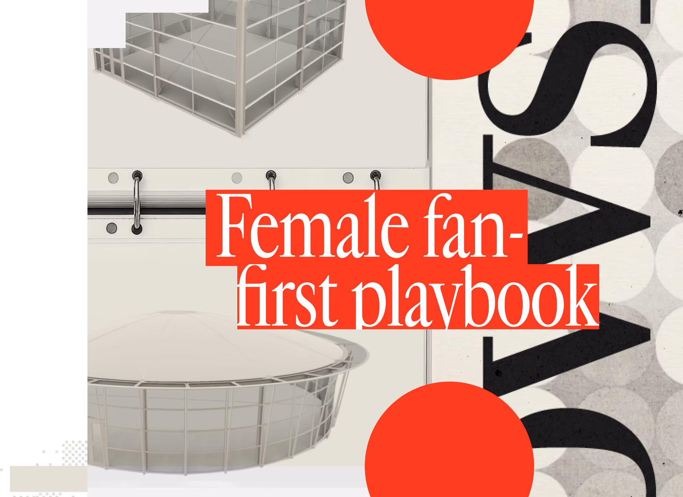 Graphic with text Female fan-first playbook over stadium images and red circular shapes.