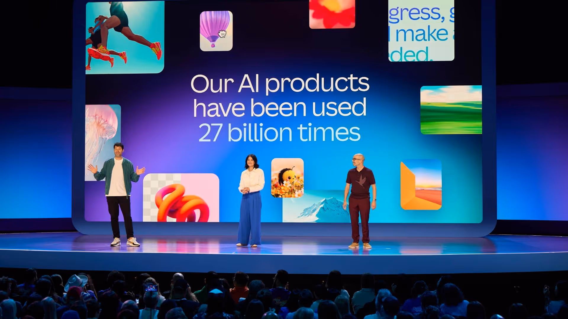 Three presenters on stage with a screen stating AI products used 27 billion times.