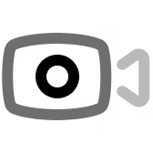 Simple gray video camera icon with rectangular lens and triangular viewfinder on black background.