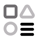 Three pixelated gray geometric shapes: circle, triangle, and hexagon in a dark square grid.