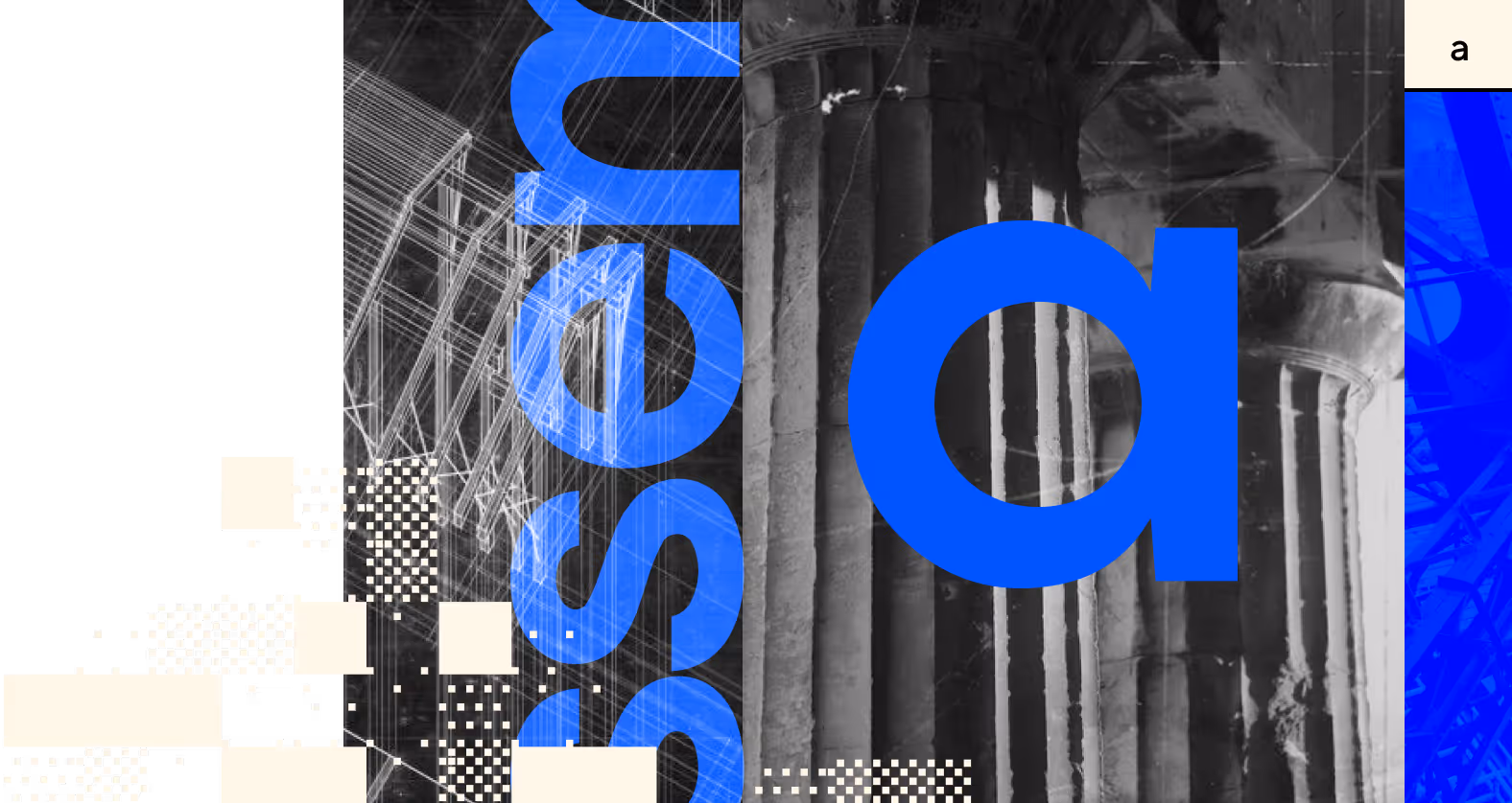 Abstract design with large letters saying Assembly, ancient columns, and architectural sketches in black and beige tones.