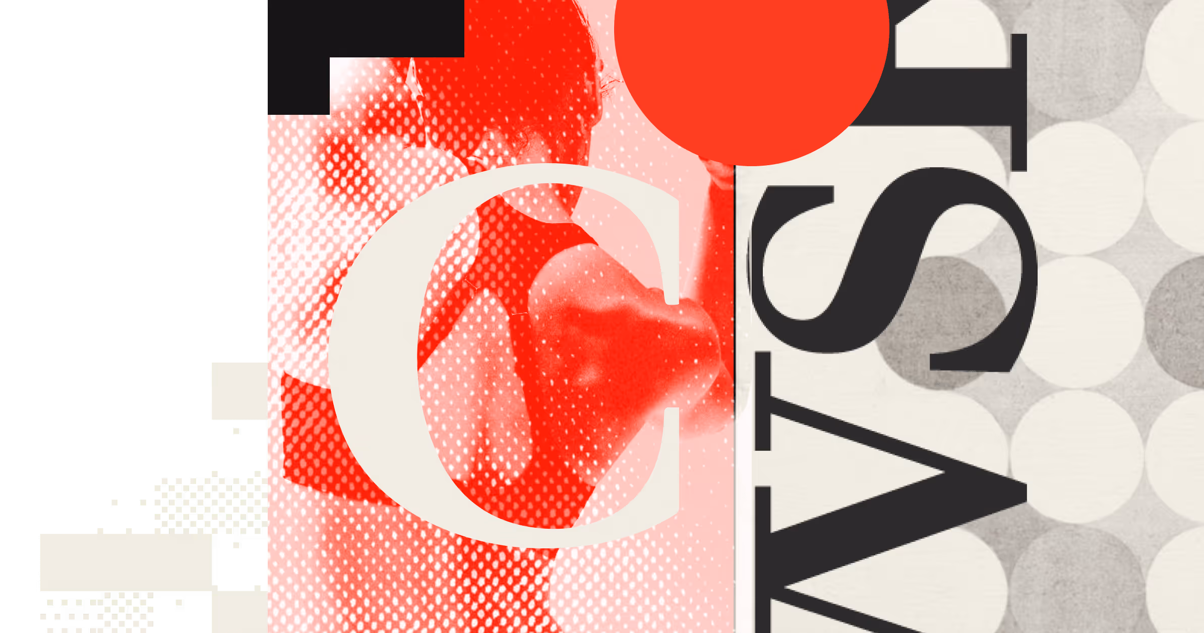 Abstract red and black graphic with a muscular person and the word 'SPORTS' in large letters.